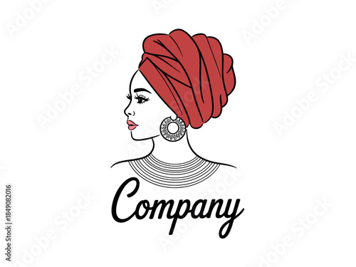 African Woman in Red Turban and Earrings Company Logo Illustration