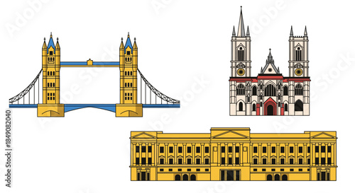 Vector illustration set of famous London landmarks including the Tower Bridge, Westminster Abbey, and Buckingham Palace on a white background.