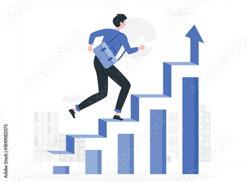 Man in blue shirt running up steps of blue bar graph with upward arrow businessperson person