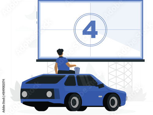 Man in blue shirt sitting on blue car under large screen with number 4 d