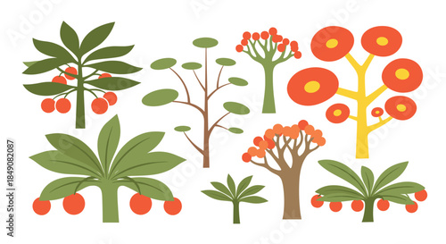 Collection of unique and stylized cartoon trees with colorful fruit, a set of abstract plant illustrations for creative design projects.