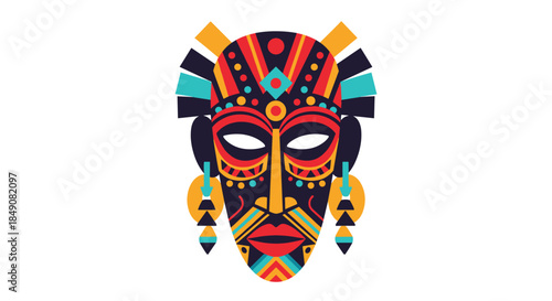 Vibrant and colorful African tribal mask illustration with intricate geometric patterns, a powerful symbol of ethnic culture and tradition.