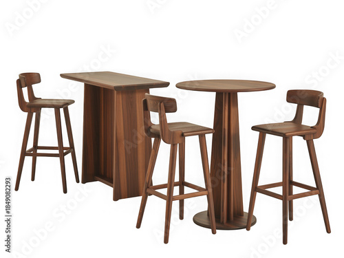 Elegant walnut wood high bar stools and table set for a stylish interior isolated on transparent background