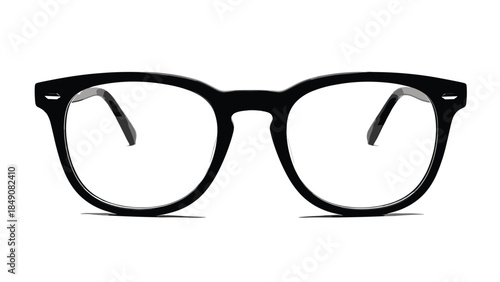 A pair of black-framed glasses on a white background viewed from the front