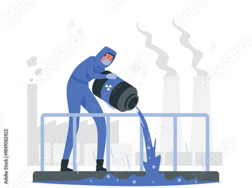 Man in hazmat suit pouring radioactive factory desi