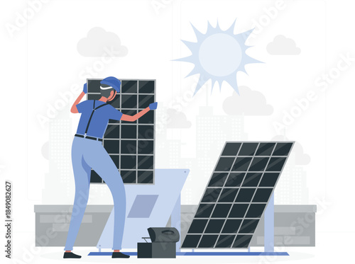 Man installing solar panel on rooftop with cityscape background worker installation d