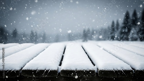Wallpaper Mural Snowy wooden table in a winter forest with falling snowflakes. Torontodigital.ca