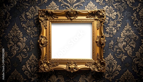 Ornate gold frame on dark, textured wall with a blank white center perfect for art or photos