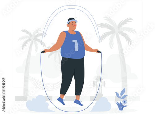 Man jumping rope in tropical setting with palm trees exercise desi