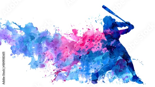 Dynamic Silhouette of a Baseball Player in Action with Colorful Splashes.