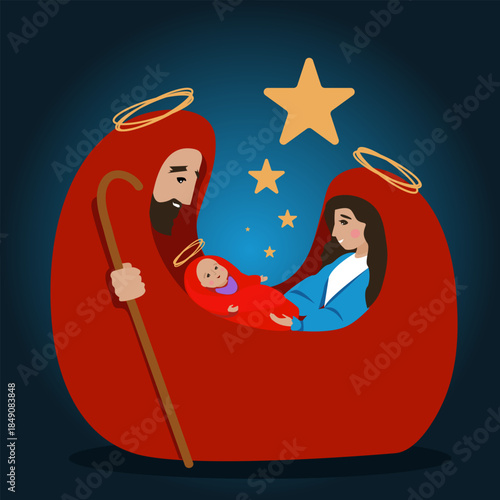 Vector illustration of the Holy Family with Mary, Joseph, and baby Jesus under shining stars, symbolizing Christmas, faith, God’s love, and the birth of Christ in a peaceful night scene.