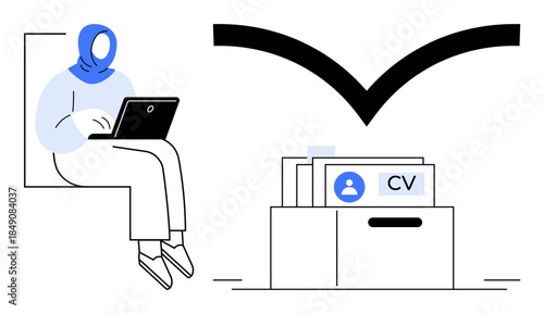 Recruitment process. Woman with laptop and digital CV storage modern recruitment. Recruitment simplifies job searching, data management, and application tracking. Ideal for HR, hiring platforms, job