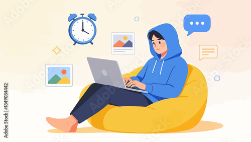 Person using laptop on beanbag chair