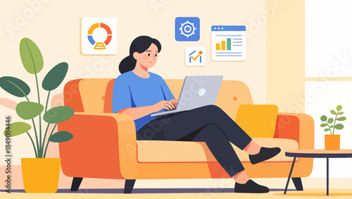 Woman working on laptop at home