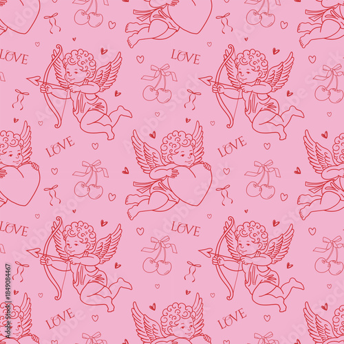Coquette seamless pattern with doodle hand drawn hearts, Cupids, cherry, ribbon and bows on pink background. Preppy background for Valentine's day, fabric, prints, wallpaper or wrapping paper.