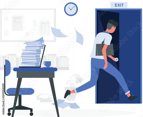 Man running out of office with briefcase and coffee cup exit desig