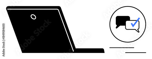 Open laptop next to a chat bubble with a blue checkmark inside, representing online communication, messaging, or task completion. Ideal for collaboration, technology, teamwork, messaging, remote