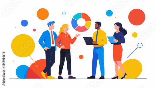 Four people in colorful outfits discussing