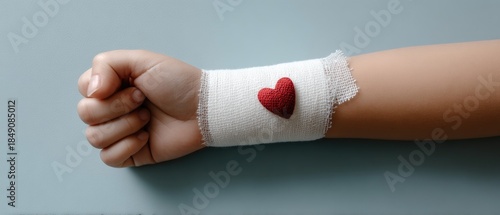 Bandaged arm with heart patch resting on light blue background represents care and recovery