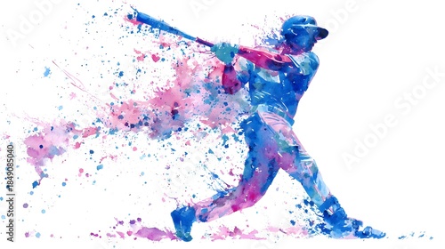 Dynamic Watercolor Baseball Player Mid-Swing Exploding with Color.
