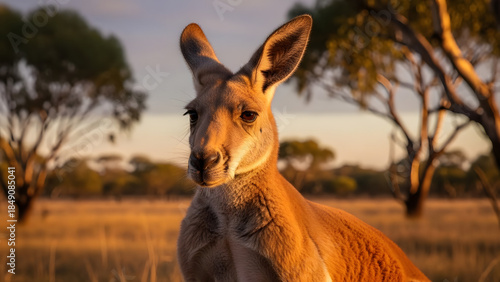 Closeup portrait of a kangaroo in the australian outback at sunset