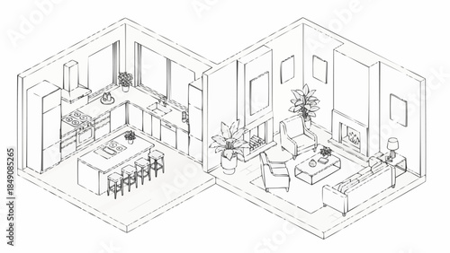 Modern Isometric Interior Design Sketch of a Kitchen and Living Room.