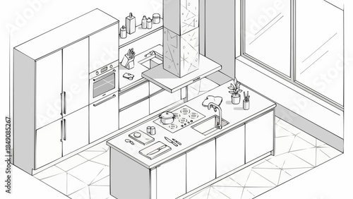 Modern Kitchen Island with Appliances and Cabinets.