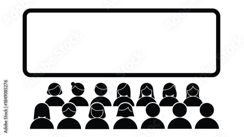 A diverse group of people gathered around a large blank screen