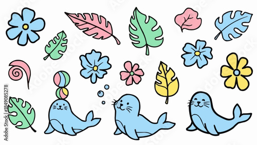 Cute cartoon seals and tropical leaves and flowers illustration.