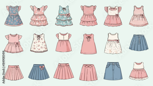 Collection of Childrens Dresses and Skirts in Various Styles and Colors.
