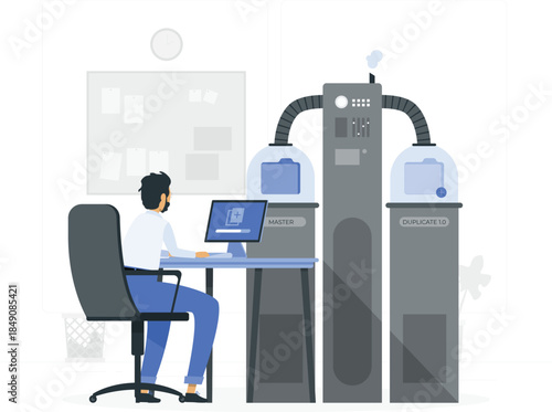 Man sitting at desk with computer and two large machines labeled master and duplicate office