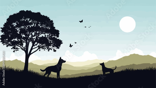 Two dogs silhouetted against a serene landscape at dusk.