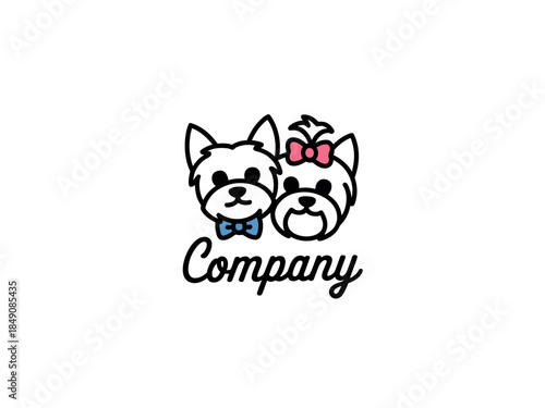Cute Cartoon Dog Company Logo with Two Adorable Terriers and Colorful Bows