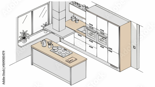 Modern Kitchen Design with Island and Appliances.