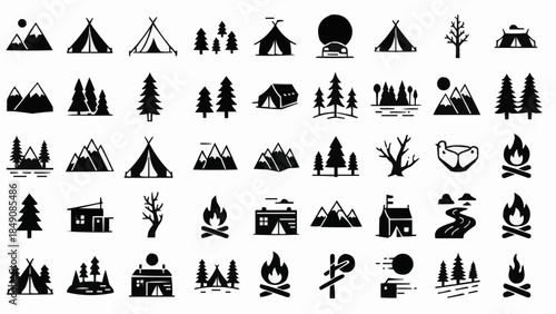 Collection of Camping and Outdoor Adventure Icons.