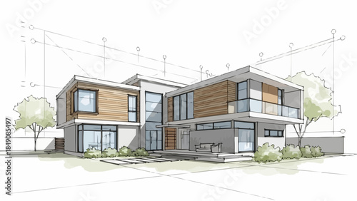 Modern Architectural House Design Sketch with Wood and Glass Facade.