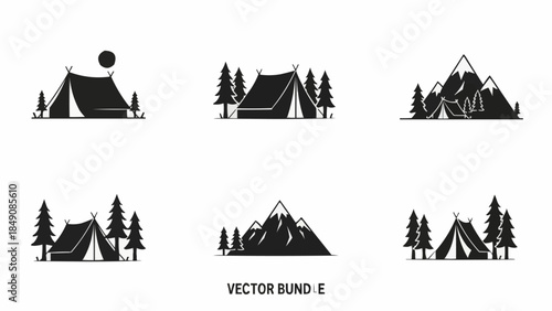 Camping Tents and Mountain Scenes Vector Bundle.