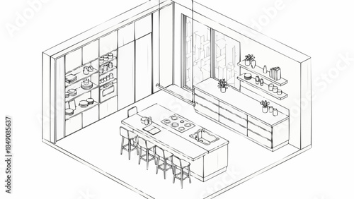 Modern Kitchen Design Isometric Sketch with Island and Cabinets.