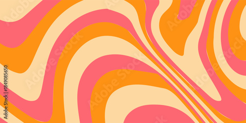 1970 Wavy Swirl Seamless Pattern in Orange and Pink Colors. Hand-Drawn Vector Illustration. Seventies Style, Groovy Background, Wallpaper, Print. Flat Design, Hippie Aesthetic.