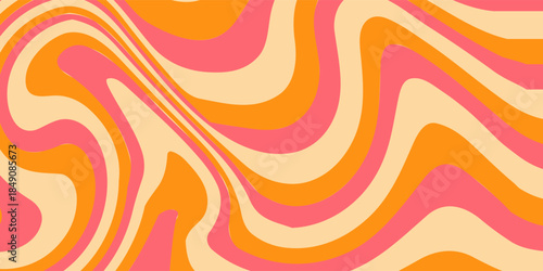 1970 Wavy Swirl Seamless Pattern in Orange and Pink Colors. Hand-Drawn Vector Illustration. Seventies Style, Groovy Background, Wallpaper, Print. Flat Design, Hippie Aesthetic.