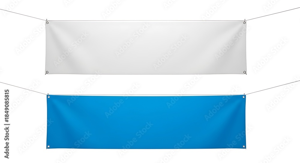 Obraz premium Two blank rectangular banners hanging on ropes mockup isolated on white background white and blue fabric posters for advertising and design