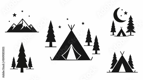 Camping Tents and Mountain Landscapes Silhouette Collection.