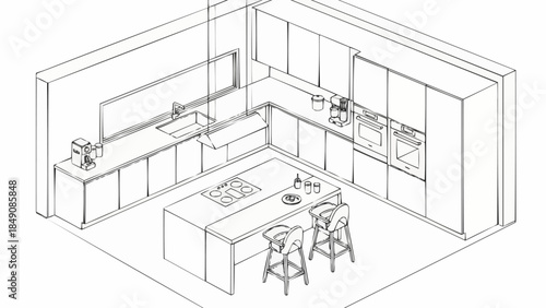 Modern Kitchen Design Sketch with Island and Bar Stools.