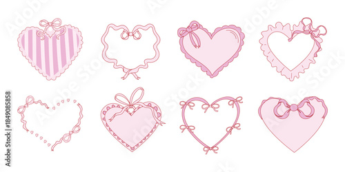 Cute heart frames with bows and ribbons. Romantic decorative hearts for Valentine’s Day, wedding invitations, greeting cards and love designs. Flat vector illustration isolated on white background.