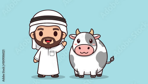 Adorable cartoon Arab man in traditional attire waving beside a cute spotted cow.