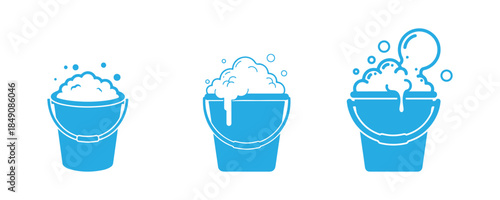 A colorful bucket showcasing a soap suds icon, on a white background. Bowl containing water. Laundry, cleaning gear. A variety of colorful icons. Vector