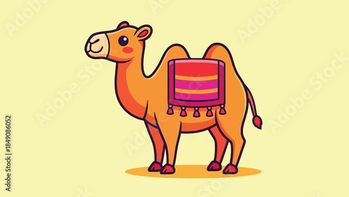 Adorable cartoon camel with two humps and a vibrant patterned saddle.