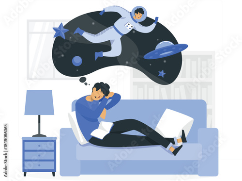 Man sitting on couch daydreaming about astronaut in space