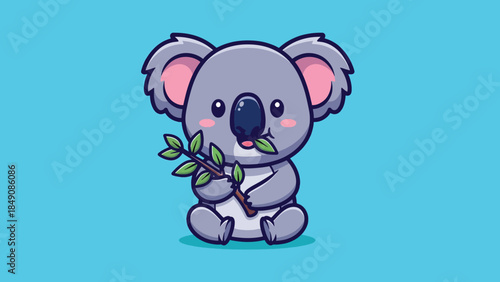 Adorable cartoon koala character happily munching on fresh green eucalyptus leaves.
