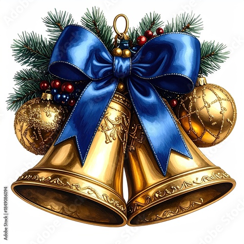 Golden bells with blue bow, greenery, and ornaments for the holidays